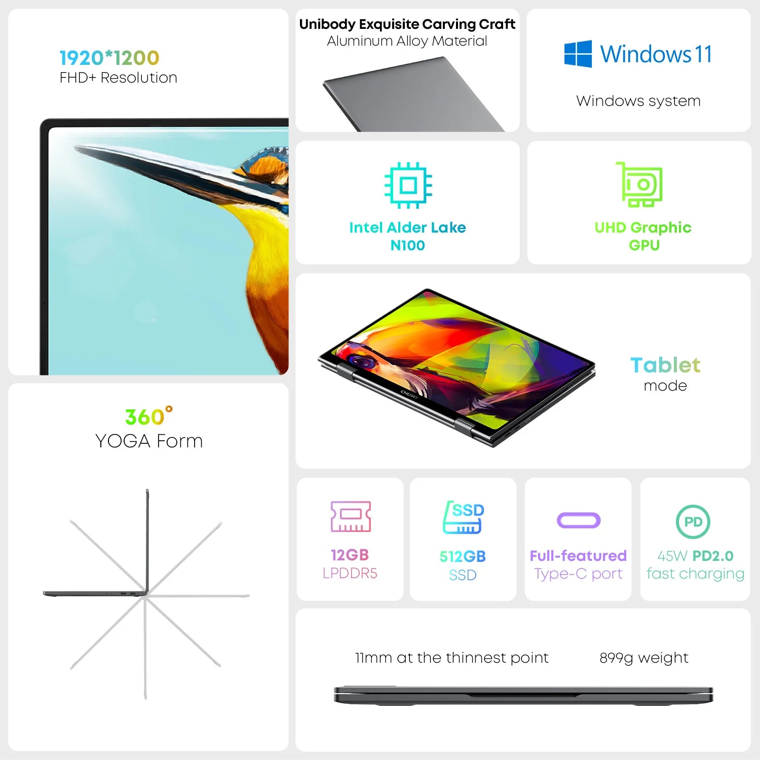 CHUWI MiniBook X Intel N150 10.51 pouces 2-en-1 tablette ordinateur portable 12GB LPDDR5 512G SSD Windows 11 ordinateurs portables Mini ordinateur portable 2K FHD WiFii 6