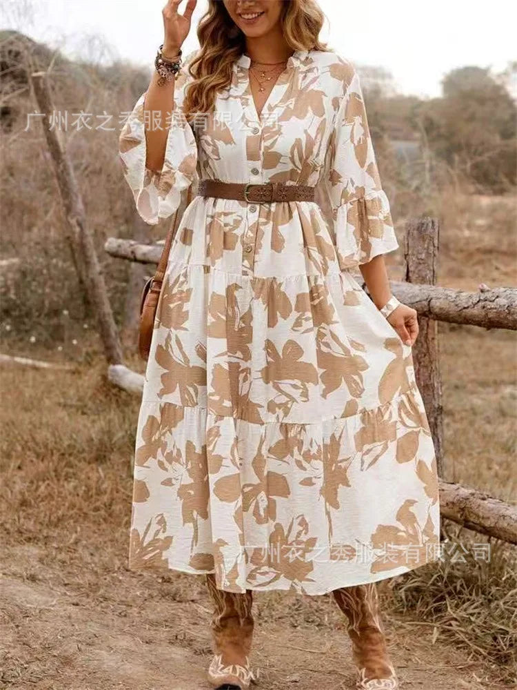 Women's long pleated V-neck dress with waist belt, embellishments, fashionable, knee-length, with flared sleeves, new 2025 collection