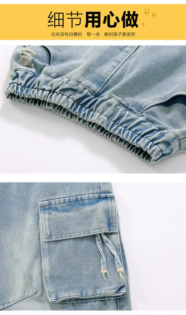 Adolescents garçons Hip Hop Streetwear vêtements de travail jean printemps automne 2025 nouveau Style enfants beau à la mode déchiré pantalon à jambes larges