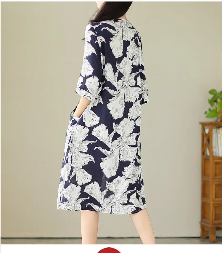 Robe mi-longue amincissante pour femmes, grande taille, imprimé Vintage, ceinture, taille ample, nouveau Style, longueur aux genoux, col en v, Fiber de Polyester, été