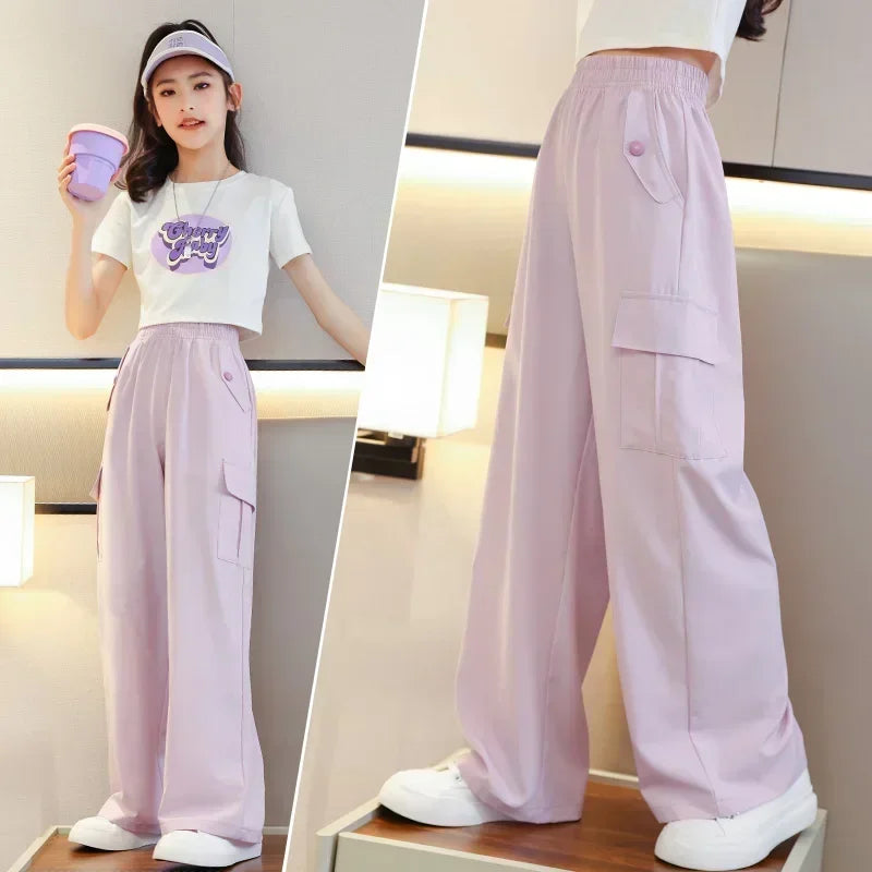 1 pièces filles vêtements pantalons filles à jambes larges enfants glace soie salopette nouveau anti-moustique pantalon sport Style vêtements porter à l'extérieur