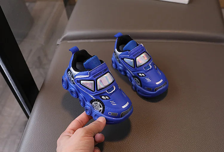 Diseny enfants chaussures décontractées lumière LED voiture Club dessin animé en cuir PU printemps chaussures pour enfants anti-dérapant rouge bleu chaussures taille 21-30