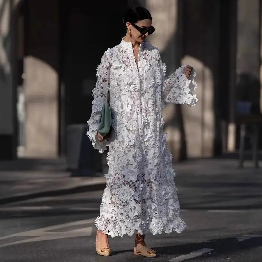 Robe femme faite à la main 3D brodée creuse robe design robe blanche pure robe de soirée élégante robe de banlieue