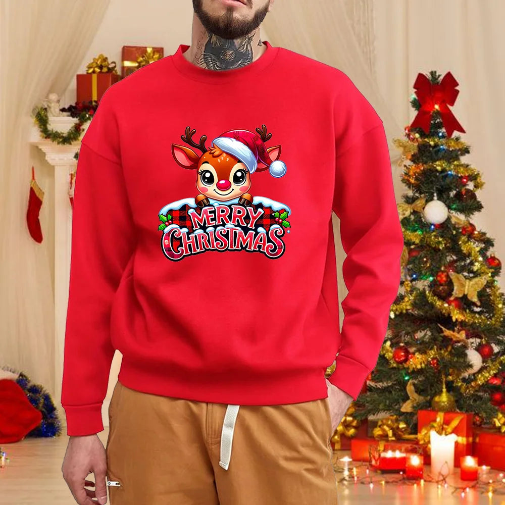 Men's Christmas crew neck sweater, casual, long sleeves, cute, merry Christmas, red, autumn and winter