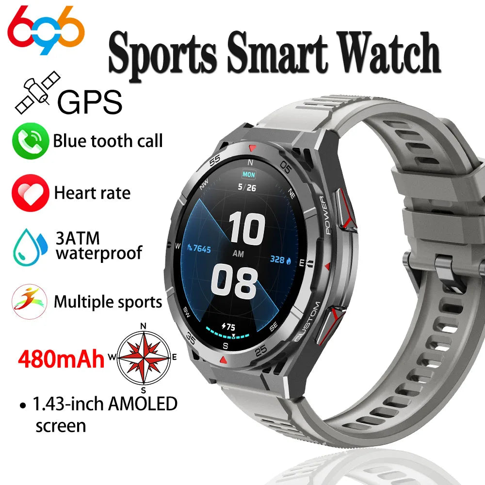 Nouvelle montre intelligente GPS sport boussole Altitude pression d'air appel de dent bleue 3ATM étanche santé AMOLED écran Smartwatch 480Mah
