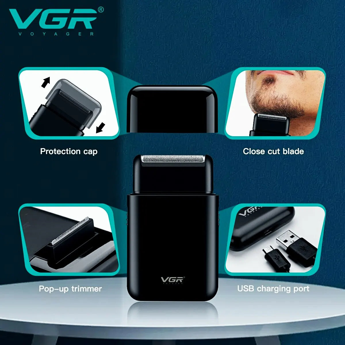 VGR Professional Electric Razor, Portable Mini Shaving Machine, USB Charging Beard Trimmer for Men, V 390