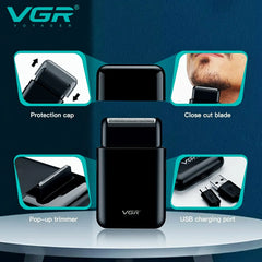 VGR Professional Electric Razor, Portable Mini Shaving Machine, USB Charging Beard Trimmer for Men, V 390