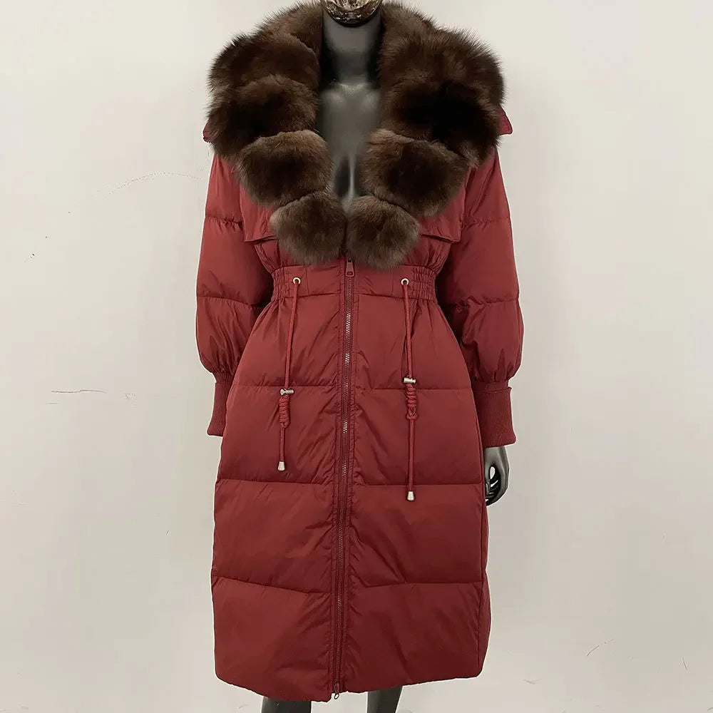 Doudoune longue avec col en fourrure pour femme, pardessus en fourrure de renard, longueur aux genoux, à la mode, chaude, cintrée à la taille, vêtements d'extérieur amincissants