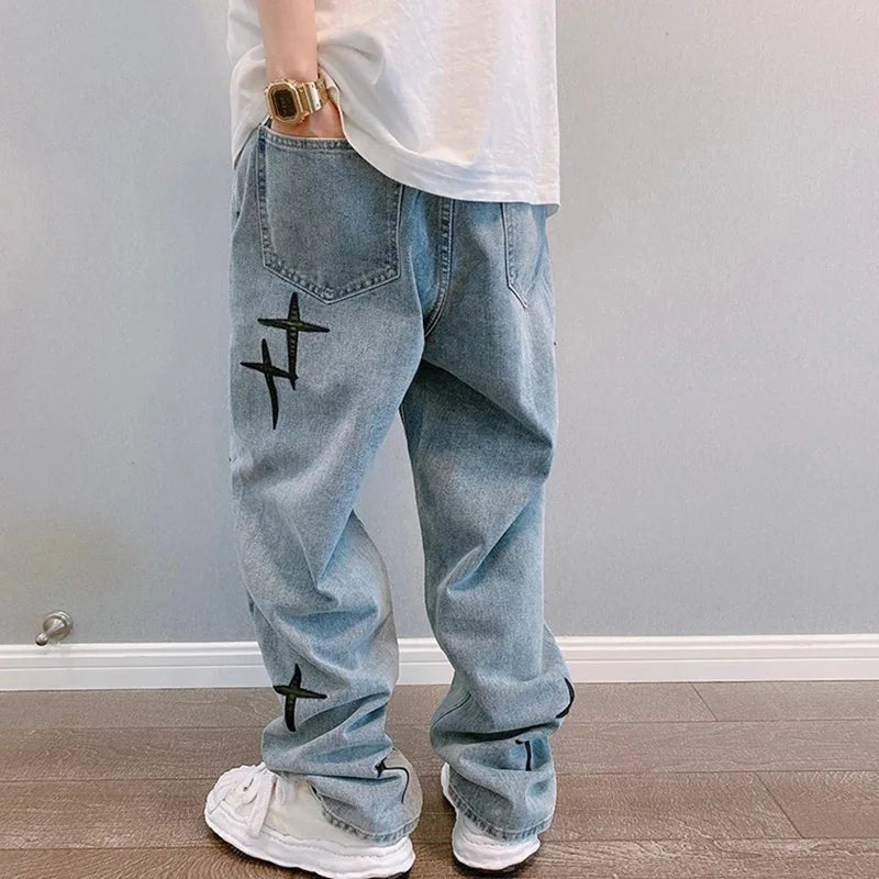 Boyfriend Vintage mode droite décontracté ample Denim Cargo pantalon hommes concepteur imprime étoile jean Streetwear ample jambe large jean
