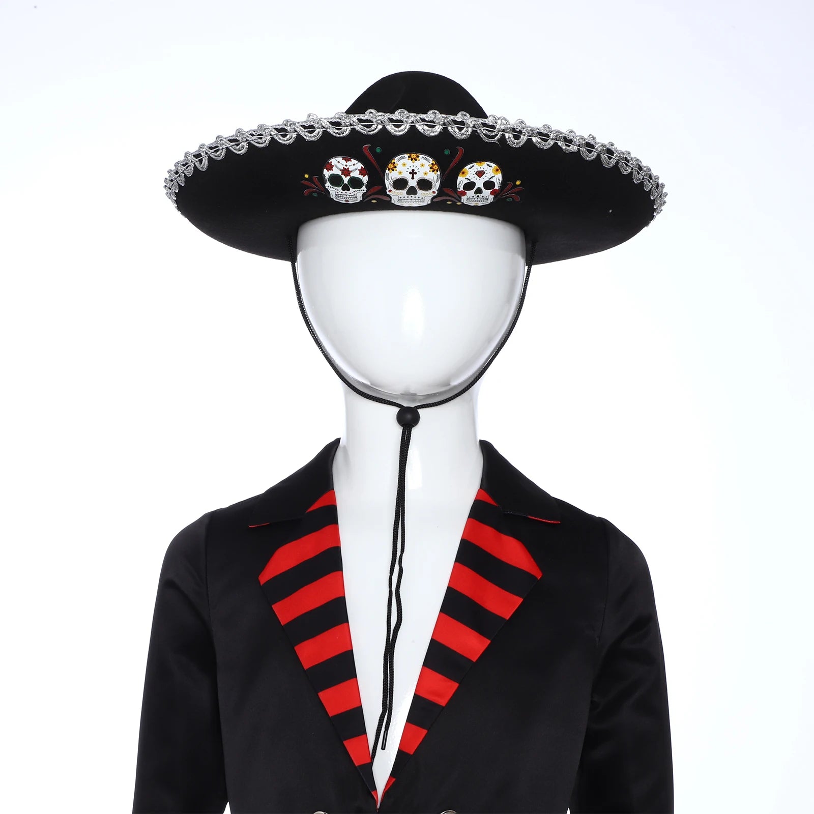 Chapeau mexicain unisexe pour adultes et enfants, motif de crâne tressé métallique, chapeau noir à large bord pour l'été, chapeau de soleil en plein air, accessoire de Cosplay d'halloween