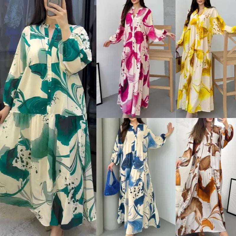 Eid Women's Abaya Dress, Muslim Loose Buttoned Dubai Dresses, Largos Long Dresses, Caftan, Arabic Party Dress, Caftan Jalabiya, Ramadan Dress