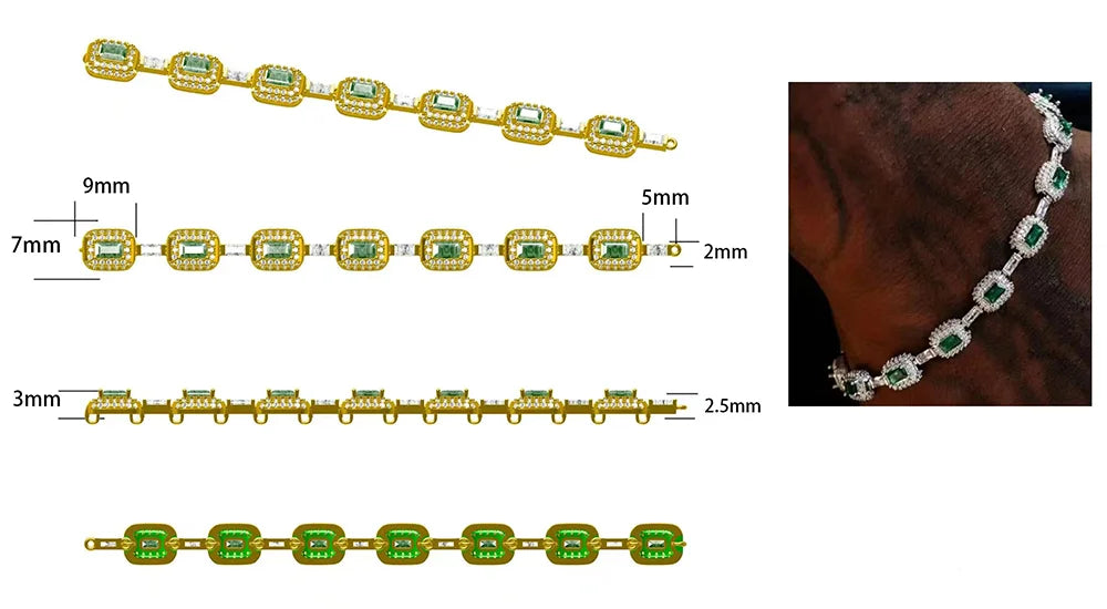 ESEllEM-Bracelet en Émeraude Glacée pour Femme, Bijoux à la Mode, Diamants, Coupe Coussin, Or Blanc, Incrusté Vert, Baguette Zcomprend