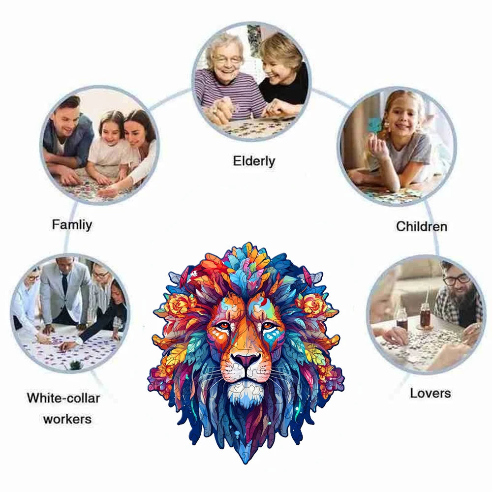 Visage de lion - Puzzle en bois - Forme irrégulière - Fait main - Cadeau parfait pour les enfants, les adultes et les amateurs de puzzle