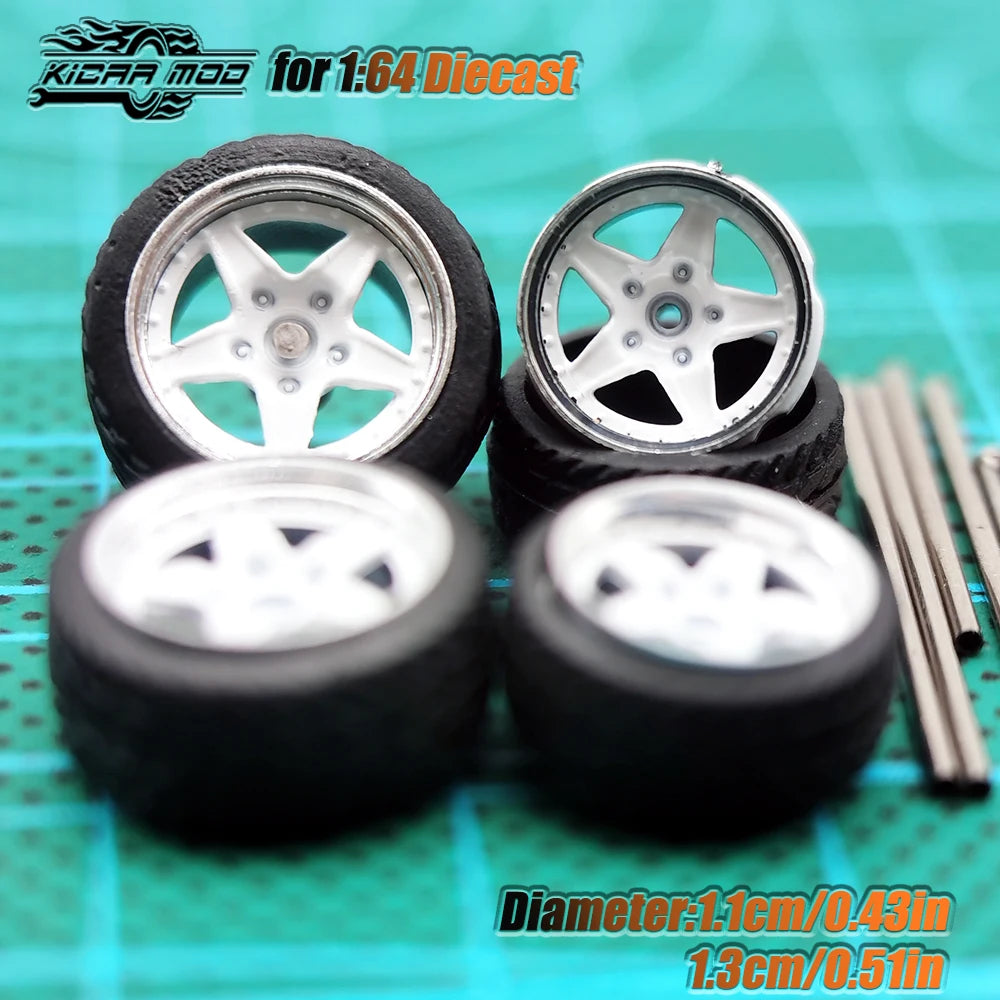 KicarHapp1/64-Jantes Métalliques ABS avec Caoutchouc pour Voiture Miniature, Pièces de Réaménagement Avant, Petite et Arrière