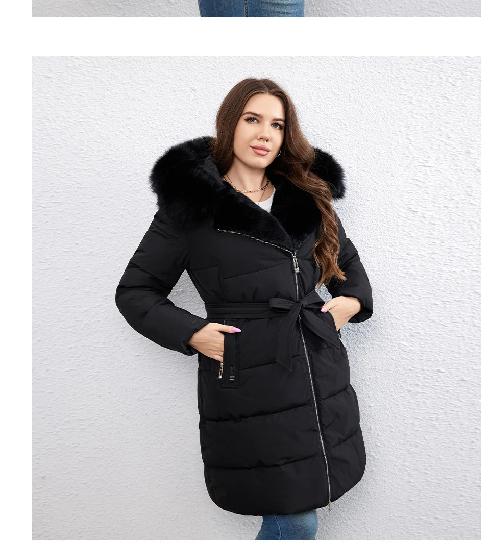 HaiLuoZi-Doudoune Longue en Coton pour Femme avec Ceinture en Fourrure, Manteau à Revers, Fermeture Éclair Indépendante, Vêtements d'Extérieur, Nouvelle Collection Hiver 2023, 1171