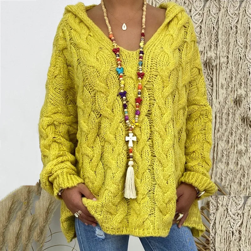 20 Colors Women's Loose Twist Knot Knitted Sweaters Autumn Winter Women's Hooded Knit Pullover Coats XXBLH-1058
