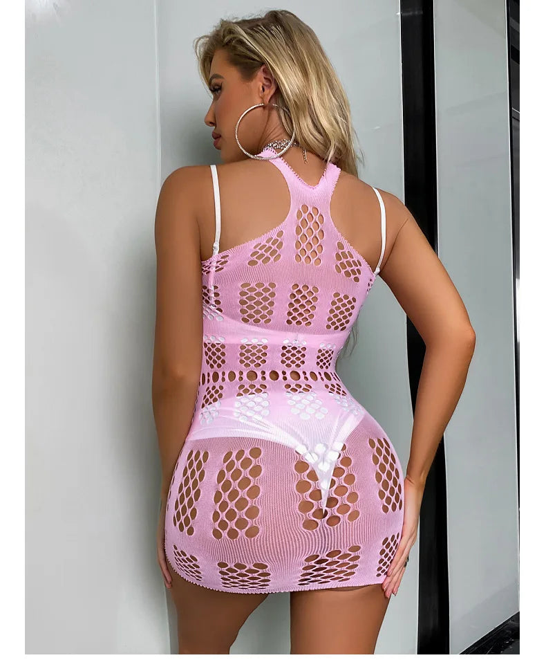 Sexy femmes résille licou robe dos nu coupe basse serré crayon robe mignonne grande taille Mini robe boîte de nuit robe de danse Beatchwear