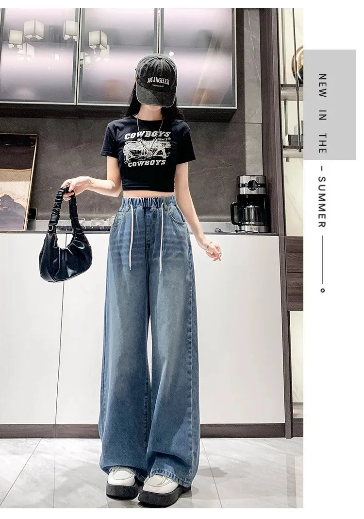 Jean ample à jambes larges, taille haute, bleu clair, grande taille, taille élastique, pantalon Dstring, pantalon Long amincissant
