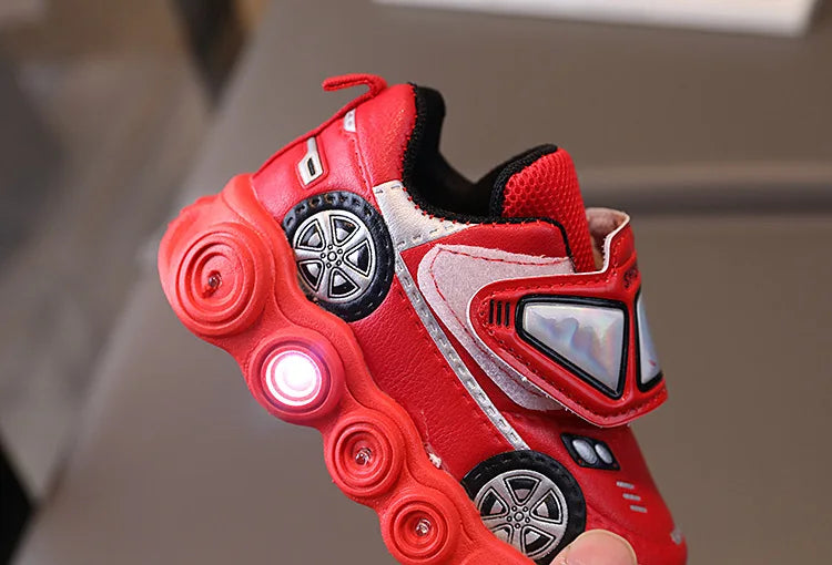 Diseny enfants chaussures décontractées lumière LED voiture Club dessin animé en cuir PU printemps chaussures pour enfants anti-dérapant rouge bleu chaussures taille 21-30