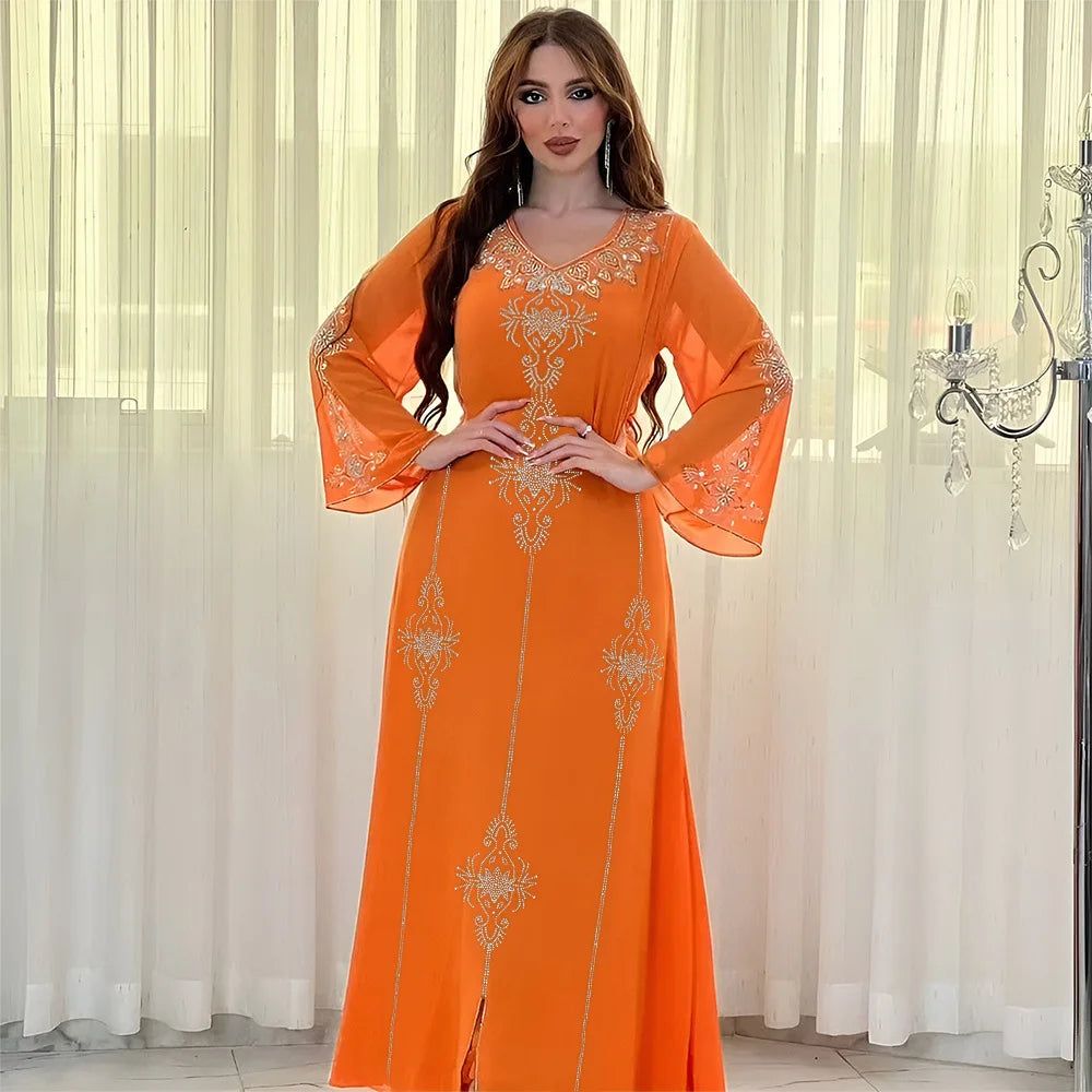 Eid Jalabiya - Women's Muslim Evening Dress, Diamond Lace-Up Arabic Abayas, Long Dresses, Elegant Dress, Educational Dress for Ramadan