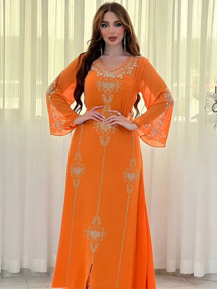 Eid Jalabiya - Women's Muslim Evening Dress, Diamond Lace-Up Arabic Abayas, Long Dresses, Elegant Dress, Educational Dress for Ramadan