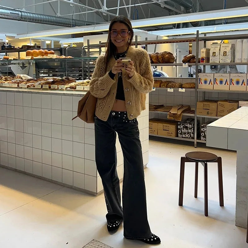 Y2K Vintage jean Flash argent étoile motif métal Rivet jean femme Baggy décontracté jambe droite Denim pantalon Simple femmes vêtements