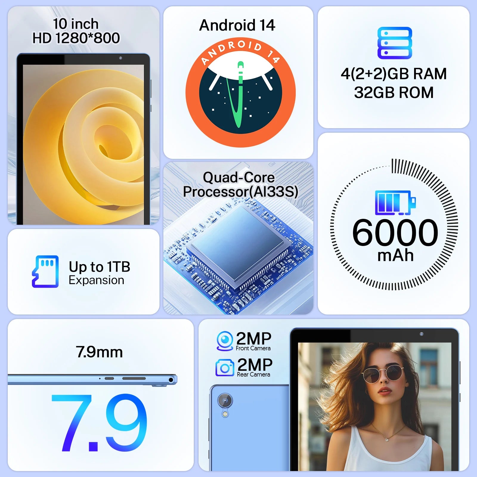 Dernière tablette Android 14, tablette 10 pouces, processeur Quad-core, WiFi 5G, 4 Go de ROM + 32 Go de RAM, résolution 1280 x 800, batterie 6000 mAh