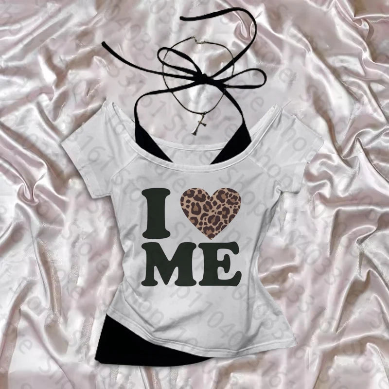 Hauts esthétiques pour femmes, haut court des années 2000, avec bretelles, vêtements gothiques, Vintage Harajuku Grunge, impression I LOVE ME