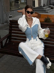 Mode Patchwork Denim 2 pièces ensembles femmes tenue mince sweats à capuche haut court jambe large pantalons de survêtement costume Streetwear survêtements de sport
