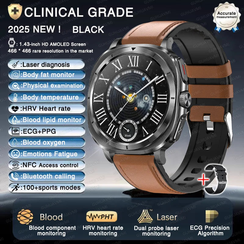 Montre connectée pour hommes, nouveau niveau Expert, santé, ECG + PPG, moniteur Laser, acide urique, graisse sanguine, pression artérielle, NFC, appel HD, 2025