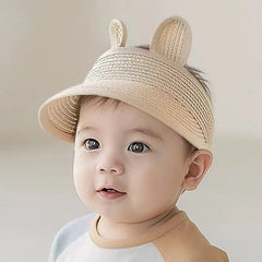 Chapeau de soleil d'été pour enfants en bas âge, casquette à visière en paille réglable et respirante pour garçons et filles, casquette de plage en plein air avec oreilles mignonnes