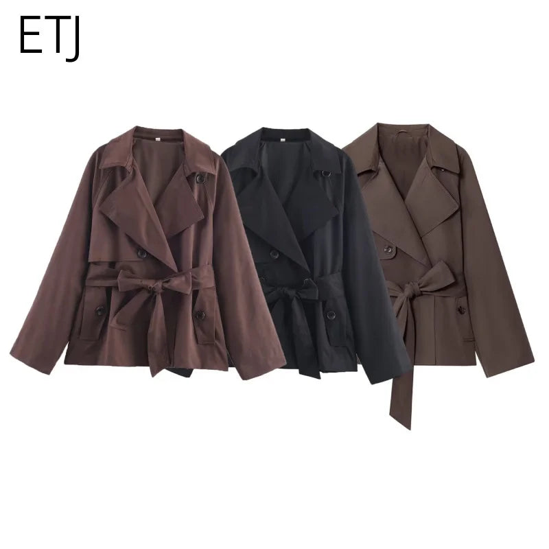 ETJ Autumn 2025 New Collection Women's British Style Double-Breasted Lapel Mesh Colour Belted Casual Trench Coat