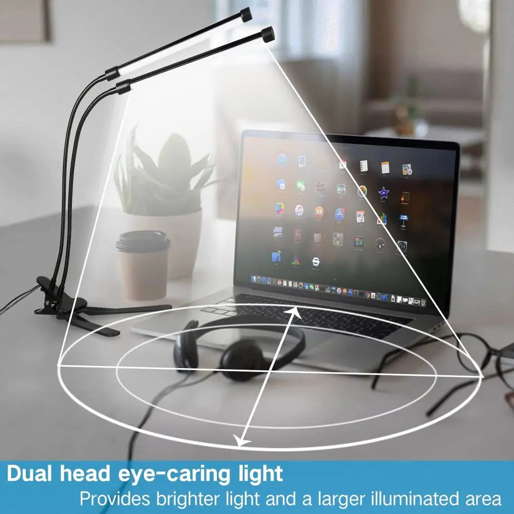 LED desk lamp with clip, dimmable reading lamp, 3 color temperatures, 10 brightness levels, USB clip-on table lamp