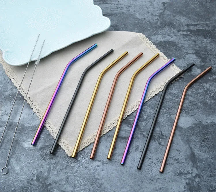 Paille à boire réutilisable en acier inoxydable 304, paille métallique droite et courbée avec pochette pour brosse de nettoyage, vente en gros
