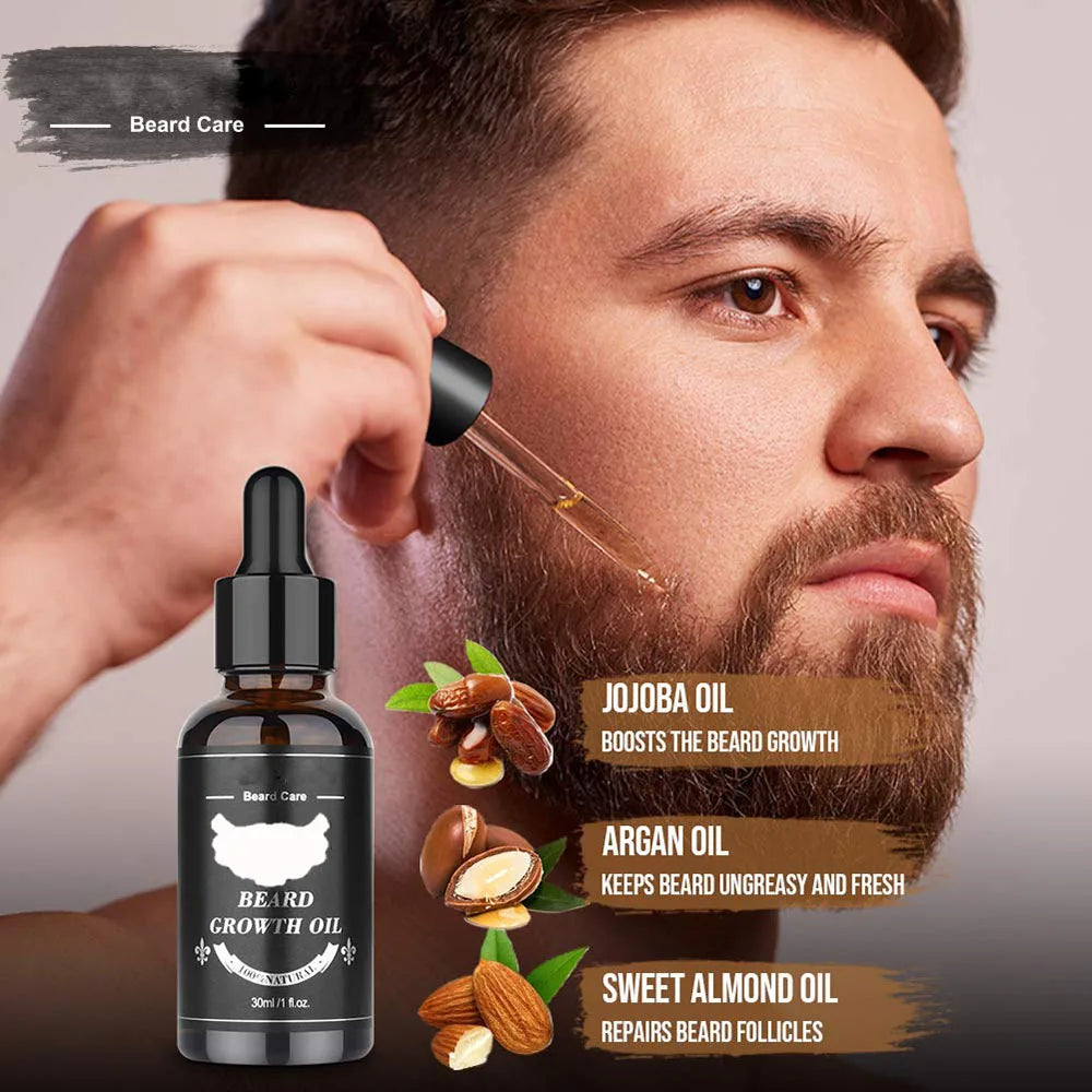 Ensemble complet de soins de barbe pour hommes, peigne à barbe, baume, peigne Double face avec rouleau, liquide de croissance de barbe, 5/7/8 pièces