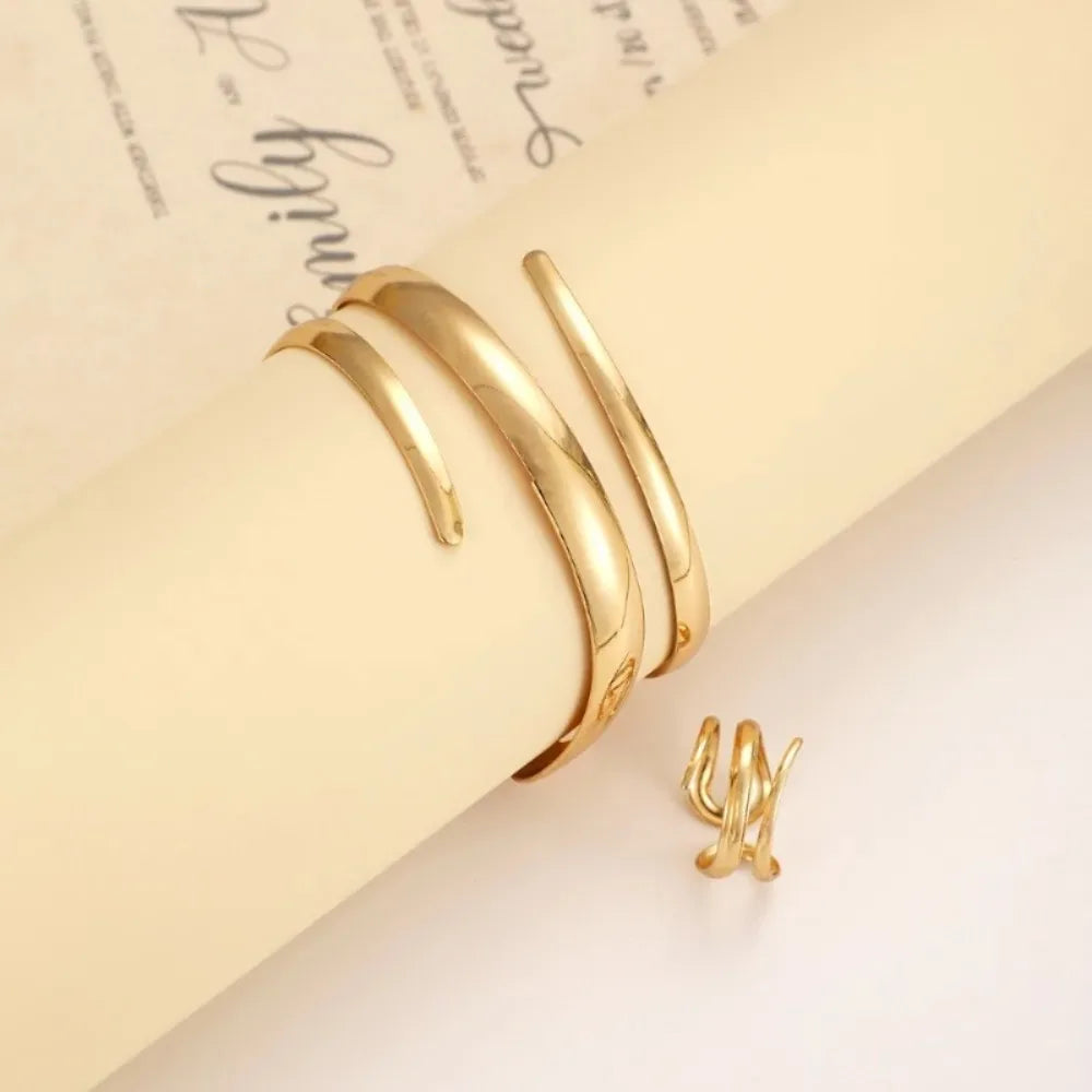 Women's Jewelry Set, European and American Thick Bracelet, Gold Color, Geometric Line, Ring Combination Set