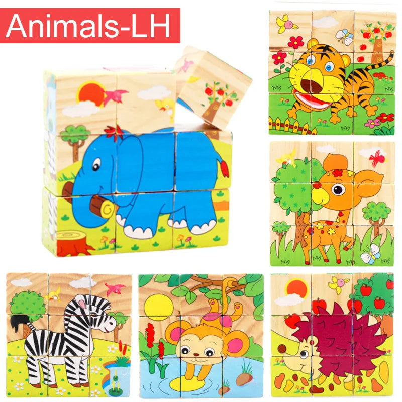 Puzzle en bois peint sur Six côtés, blocs de construction d'animaux de la circulation tridimensionnels, jouets d'éducation précoce Montessori TMZ