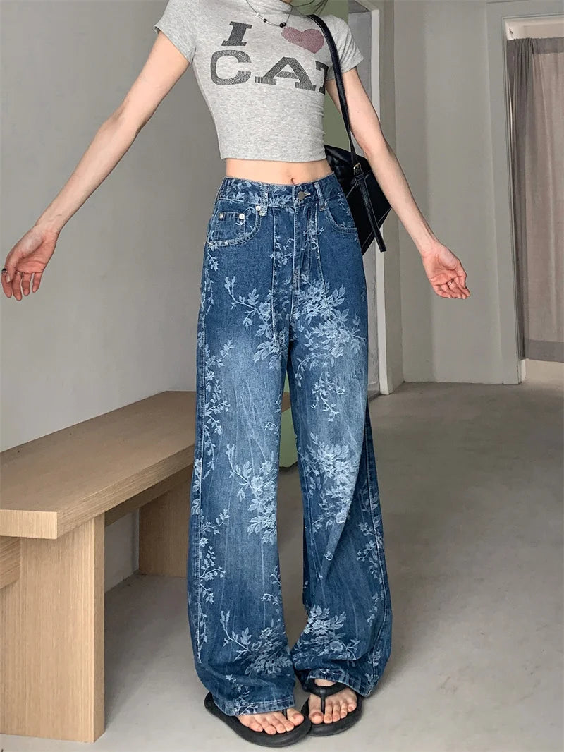 2025 Premium Y2K Jeans - Pantalon Palazzo en Denim vieilli imprimé floral artistique décontracté à jambe droite 2664