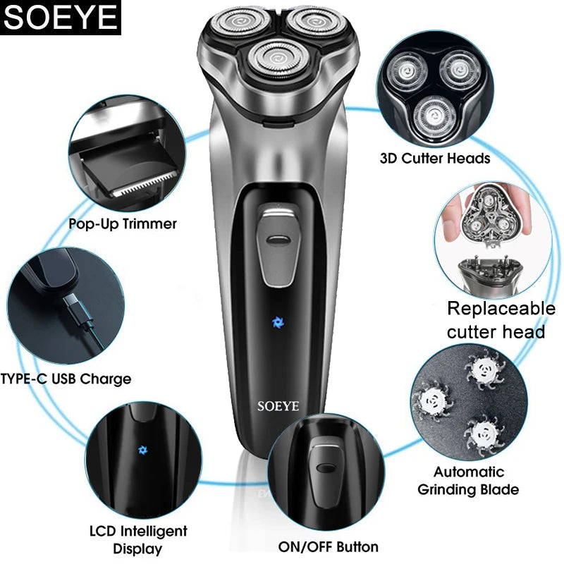 Rasoir électrique pour hommes rasoir électrique SOEYE rasoir pour hommes lame flottante 3D tondeuse à barbe Recharge USB Machine de coupe de cheveux