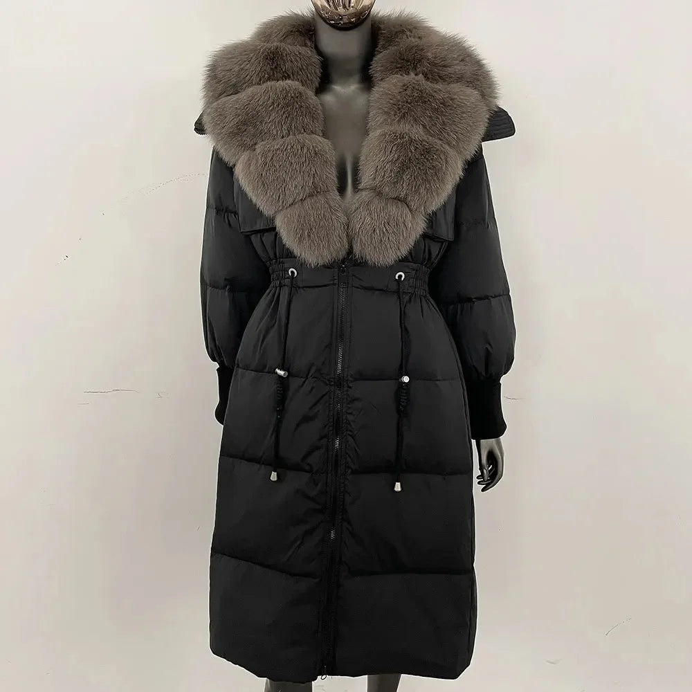 Doudoune longue avec col en fourrure pour femme, pardessus en fourrure de renard, longueur aux genoux, à la mode, chaude, cintrée à la taille, vêtements d'extérieur amincissants