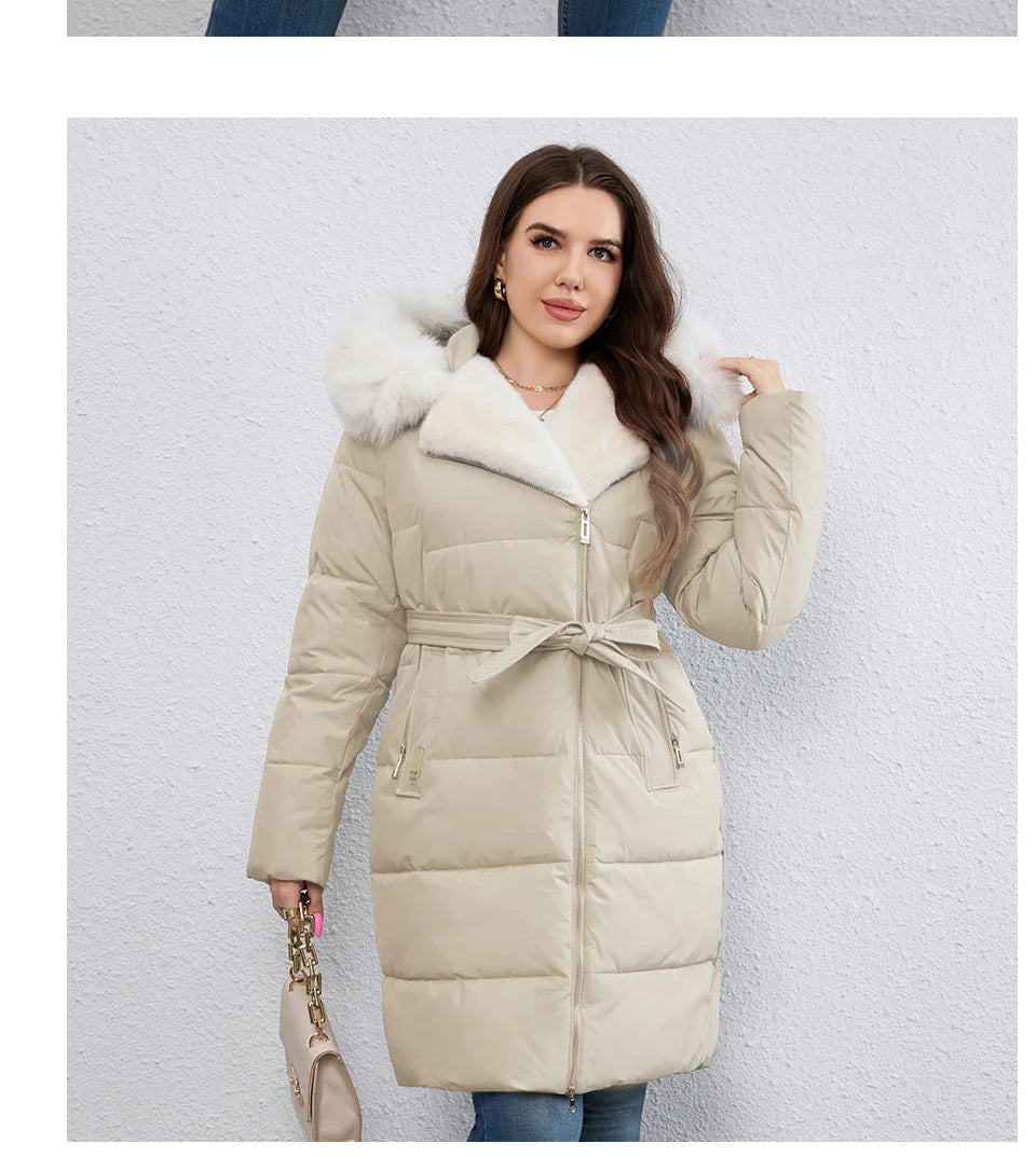 HaiLuoZi-Doudoune Longue en Coton pour Femme avec Ceinture en Fourrure, Manteau à Revers, Fermeture Éclair Indépendante, Vêtements d'Extérieur, Nouvelle Collection Hiver 2023, 1171