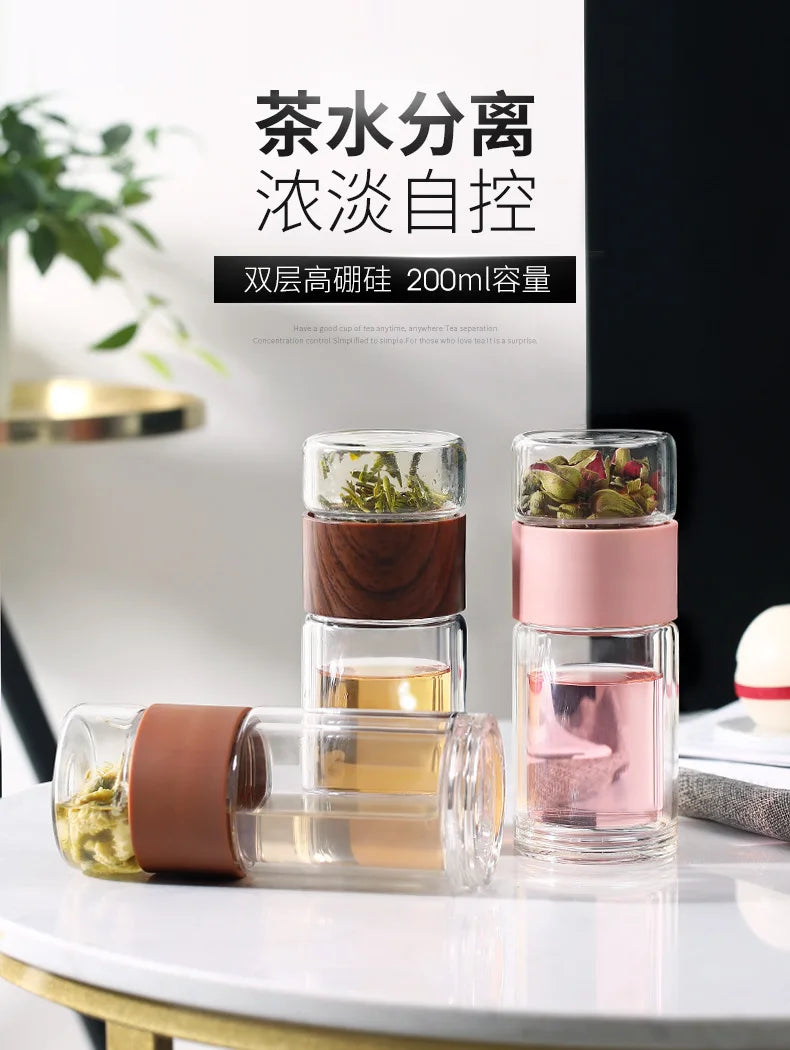 Bouteille d'eau en verre double de haute qualité avec étui, bouteille de clics de thé, infuseur, gobelet, verres, bouteille d'eau écologique
