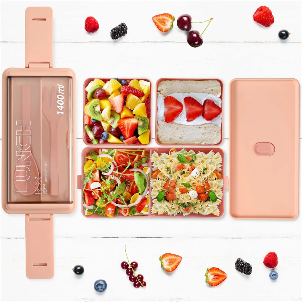 Boîte à déjeuner Portable Double couche pour enfants, avec fourchette et cuillère, boîtes à Bento pour micro-ondes, ensemble de vaisselle, conteneur de stockage des aliments