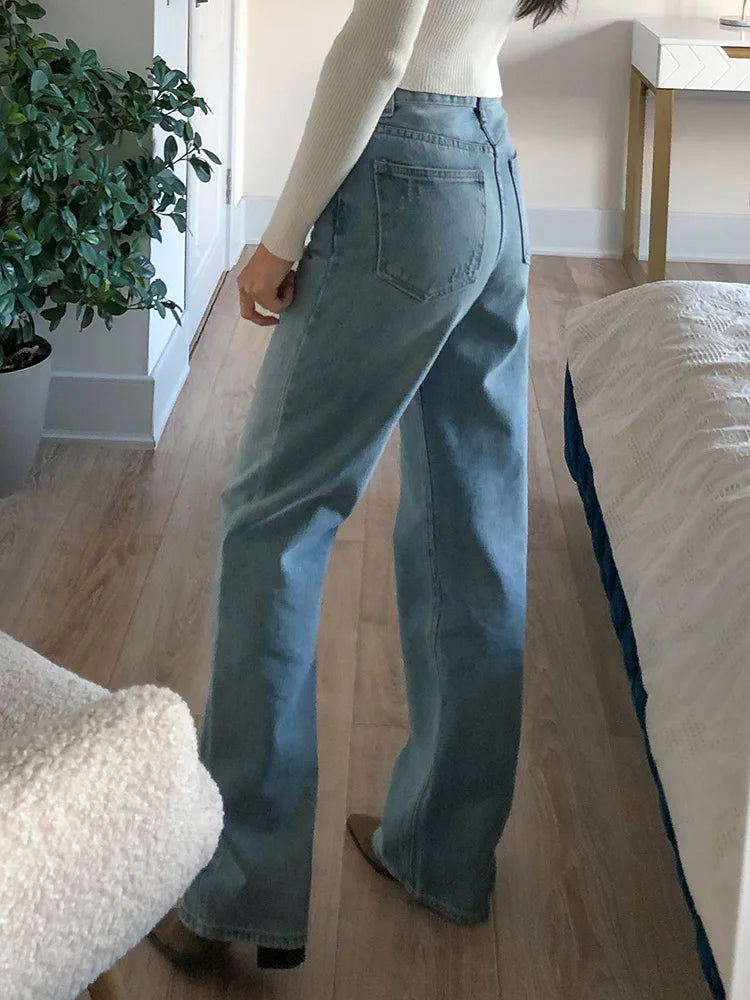 Jean bleu femmes taille haute 2025 ample décontracté petit ami jean Long pour le travail dames Simple jambe droite Denim pantalon pour les femmes