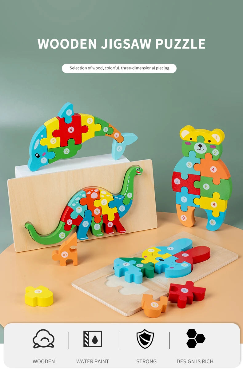 Puzzles en bois Montessori pour enfants, jouets pour tout-petits de 2 à 3 et 4 ans, jouet dinosaure