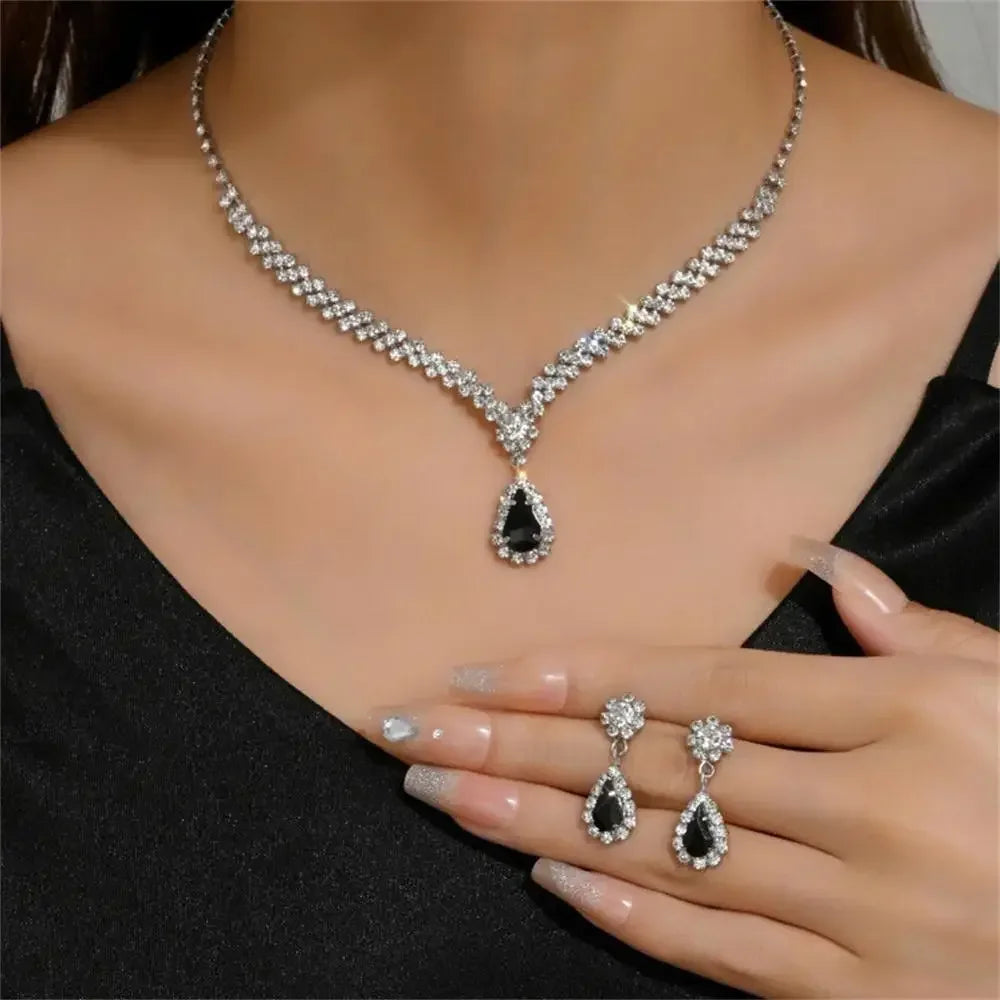 Ensemble de Bijoux Élégants en Forme de Goutte d'Eau pour Femme, Pendentif en Strass, Collier, Boucles d'Oreilles, pour Robe de Mariée, Patients, 2 Pièces/Ensemble