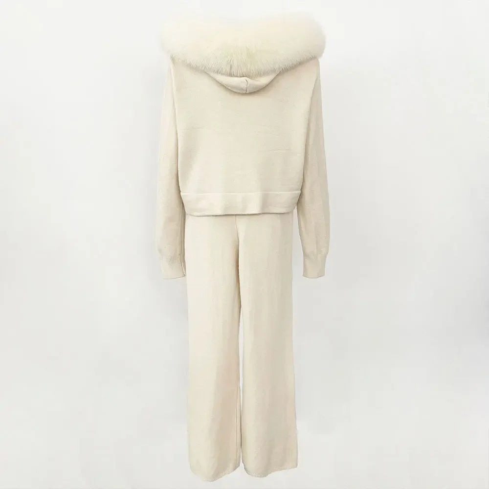 Women's fox fur collar coat, hooded jacket with detachable handles, fashionable knitwear, cozy sweater, autumn, winter, 2024