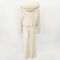 Women's fox fur collar coat, hooded jacket with detachable handles, fashionable knitwear, cozy sweater, autumn, winter, 2024