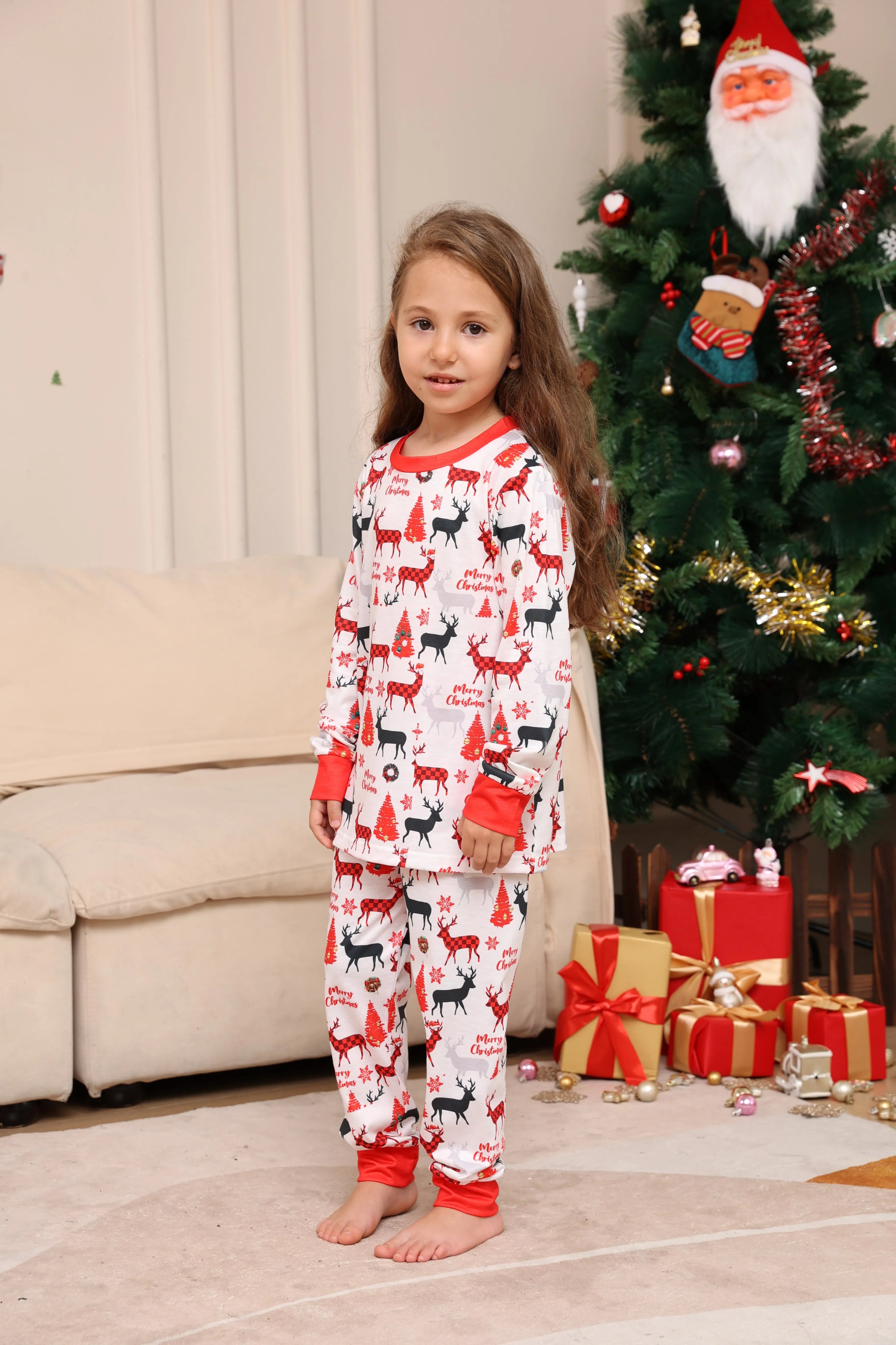 Ensemble pyjama de Noël pour enfants – Pyjama assorti rouge blanc à imprimé partout avec renne, arbre, « Joyeux Noël »