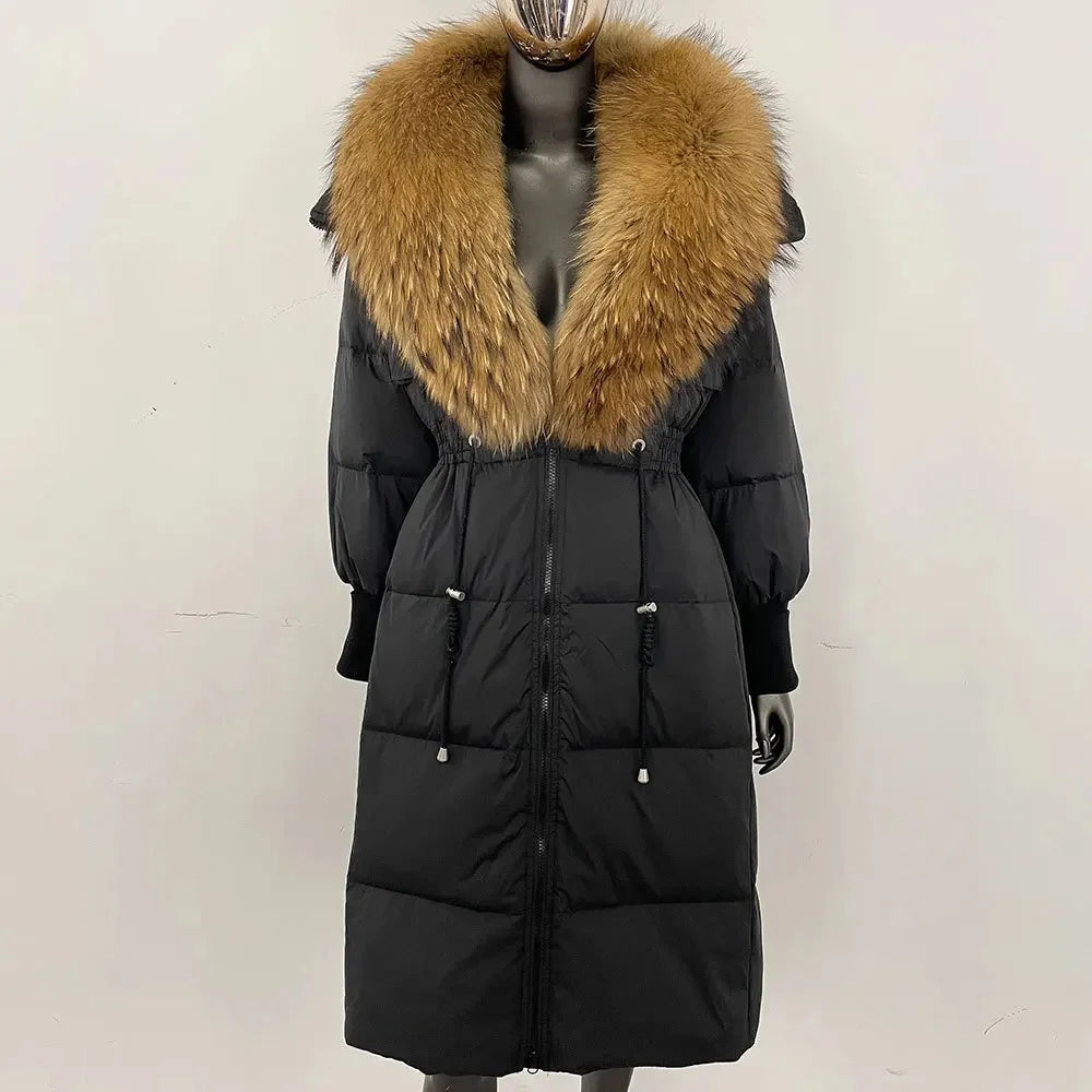 Doudoune longue avec col en fourrure pour femme, pardessus en fourrure de renard, longueur aux genoux, à la mode, chaude, cintrée à la taille, vêtements d'extérieur amincissants